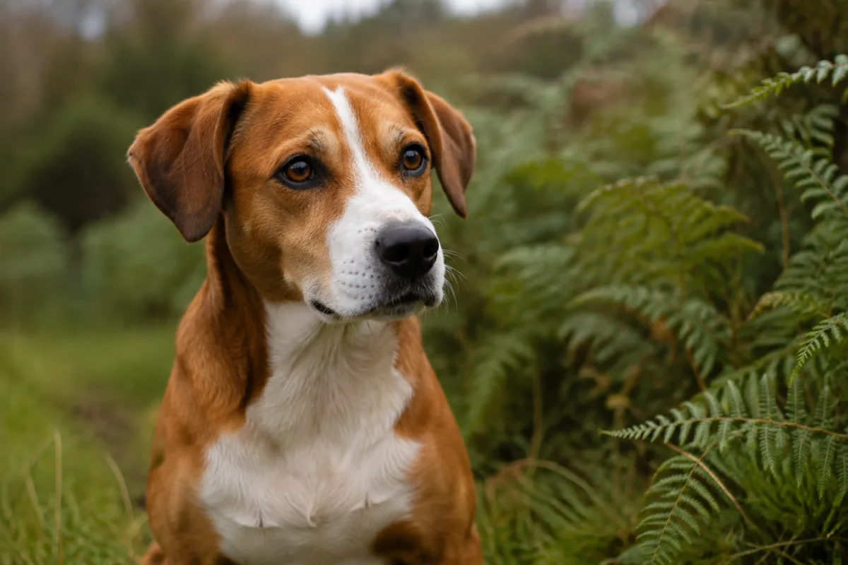 Retrato de un perro marrón y blanco entre helechos